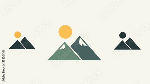 Simple Mountain Icons with Sun Symbols.