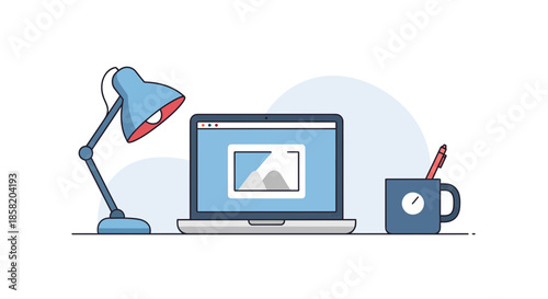 Modern workspace with laptop, desk lamp, and coffee mug on white background