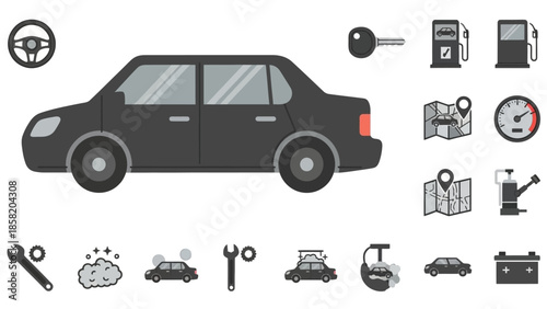 Black Car Icon with Automotive Tools and Symbols.