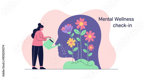 Woman nurturing mental wellness with flowers growing in human head
