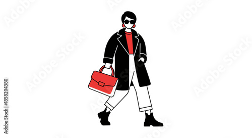 Stylish woman walking confidently with red handbag and sunglasses