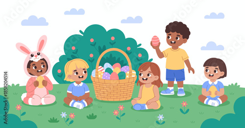 A cheerful group of children gathers around a festive basket filled with colorful Easter eggs, embodying the joy and excitement of the egg hunt during springtime celebrations.