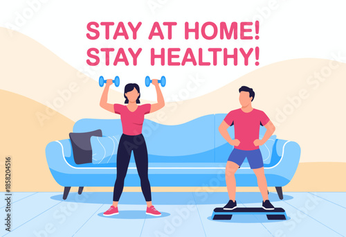 A motivating scene for home workouts featuring a woman lifting dumbbells and a man exercising, illustrating the importance of staying fit while at home.