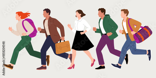 A vibrant illustration showing a diverse group of individuals running together, showcasing energy and urgency in a modern, urban environment with varying fashion styles.