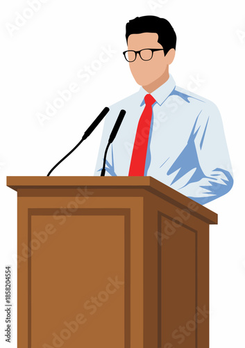 A confident speaker stands at a podium with a microphone, preparing to engage the audience, symbolizing leadership, communication skills, and public speaking.