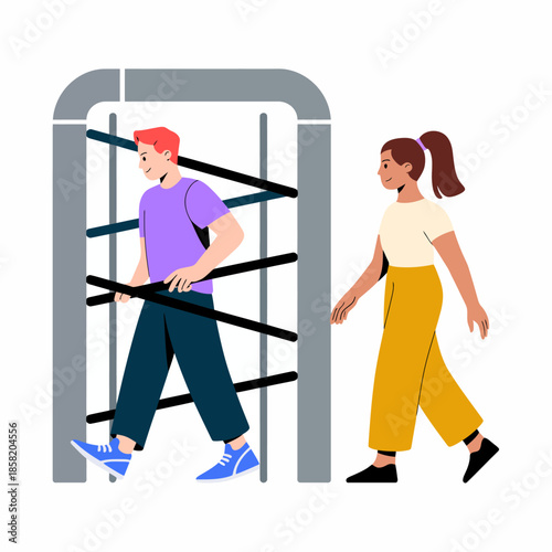 A sleek turnstile serves as a modern entry point, with individuals passing through, representing concepts of accessibility and movement in urban environments.