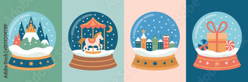 This illustration showcases four beautiful snow globes, each depicting unique winter scenes including a castle, a carousel, a cityscape, and a festive gift.
