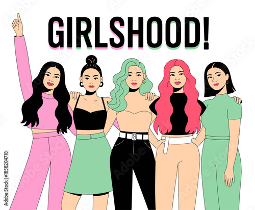 A diverse group of five women poses together in celebration of friendship and empowerment, infused with vibrant colors and confident expressions.