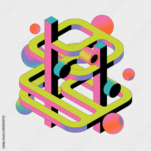 Obraz na plátne This abstract illustration features a complex arrangement of vibrant 3D shapes, showcasing a fusion of colors and forms that invoke creativity, imagination, and artistic expression