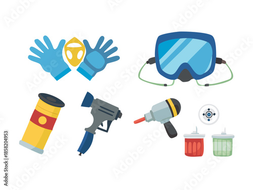 Black and White Paint Spray Gun  Paint Can  Respirator Mask  Glove Icon Vector