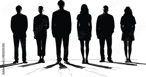Silhouetted figures standing in dramatic light, casting long shadows, symbolizing unity, diversity, mystery, anonymity, contrast, symmetry, and identity - flavector