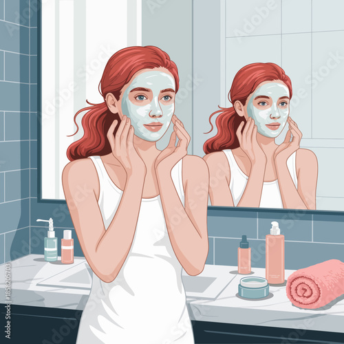 A woman applying a facial mask while admiring her reflection in the bathroom mirror, symbolizing self-care, beauty routine, and personal pampering practices.