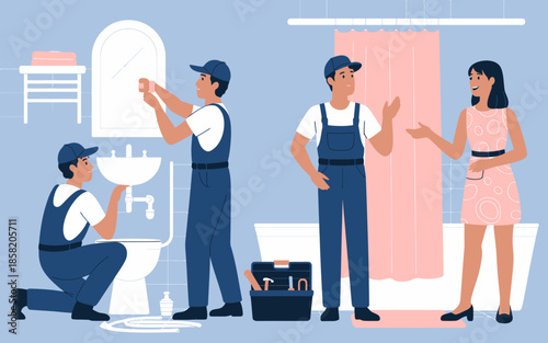 A team of professional plumbers is actively working on various fixtures in a bathroom, ensuring everything is in perfect working order for the homeowner’s satisfaction.
