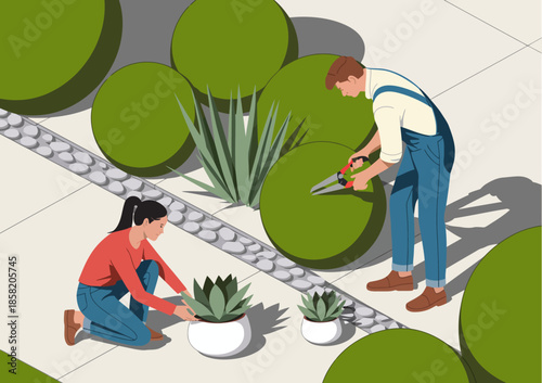 Two gardeners diligently working in a landscaped garden, one trimming bushes and the other planting succulents, showcasing the beauty of nurturing nature and gardening.