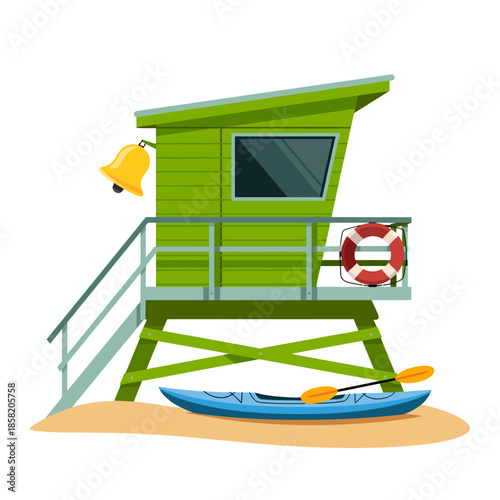 An elegant illustration of a stylish green lifeguard tower, set against a sandy beach, including a kayak and lifebuoy, reflecting safety and summer vibes by the ocean.