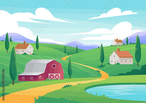 A picturesque rural landscape featuring rolling green hills, quaint houses, and a serene environment, perfect for highlighting the beauty of peaceful countryside living.