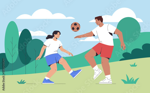Two friends play soccer in a sunny park, exhibiting joy and camaraderie while engaging in a healthy outdoor activity that promotes friendship and teamwork.