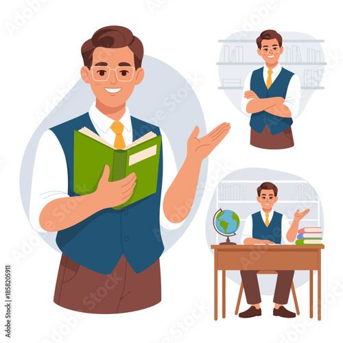 An enthusiastic teacher presents a book to his students, showcasing a lively atmosphere of learning and engagement in an educational setting that encourages curiosity.