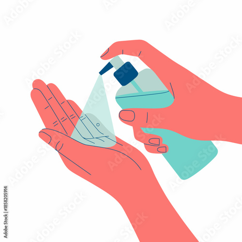 Two hands are illustrated using a spray bottle to apply hand sanitizer, emphasizing cleanliness and health safety in daily life, showcasing proactive hygiene measures.