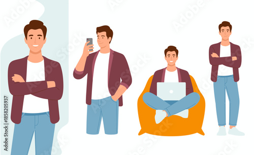 A relaxed young man enjoys a moment of leisure while using his smartphone and laptop, capturing a laid-back lifestyle that blends technology with comfort in a modern setting.