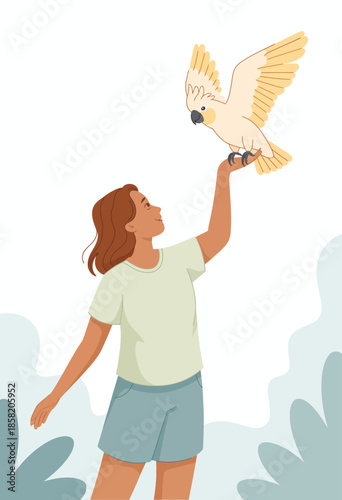 A joyful scene where a woman interacts with a cockatoo, conveying themes of companionship, nature, and the special bond between humans and pets in a sunny, lively environment.
