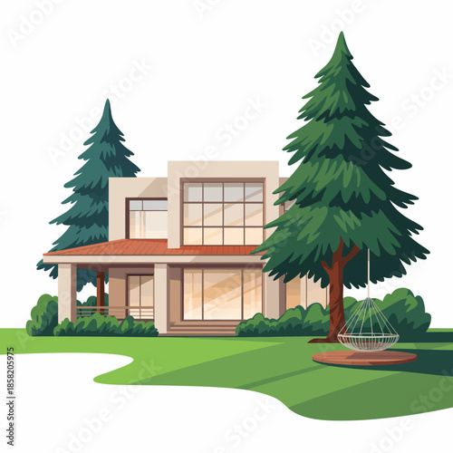 A stunning modern house set against a backdrop of lush trees and vibrant green grass, capturing the essence of contemporary architecture blended with nature.