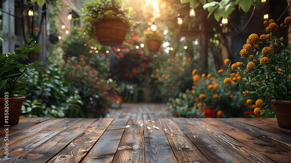 Fototapeta premium Serene garden pathway with vibrant flowers and wooden deck