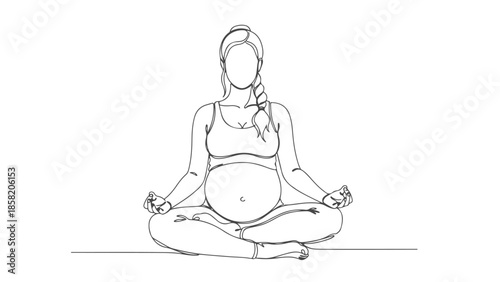 Continuous one line art vector illustration of a pregnant woman meditating in lotus position