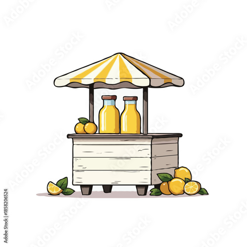 Illustrated lemonade stand scene displaying refreshing beverages and fresh fruits for a summery
