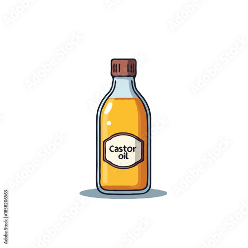 Illustration of castor oil in a vintage bottle against a stark white background adding charm and