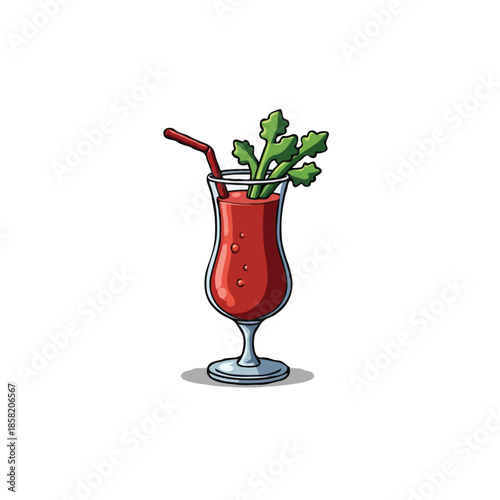 Illustration of a vibrant bloody mary cocktail with celery stalks and straw for beverage