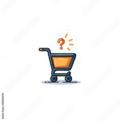 Shopping cart with question mark illustrating e-commerce decisions uncertainty and consumer