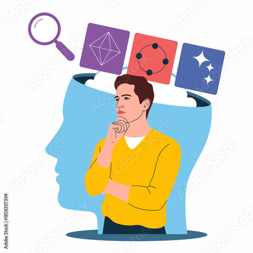 An illustration depicting a thoughtful man with a creative mindset, surrounded by abstract shapes, symbolizing imagination, creativity, and the power of human thought processes.