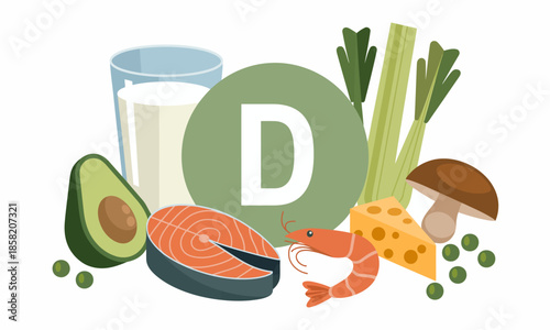 An assortment of food sources rich in Vitamin D, featuring salmon, shrimp, avocados, and more, symbolizing health, nutrition, and well-being.