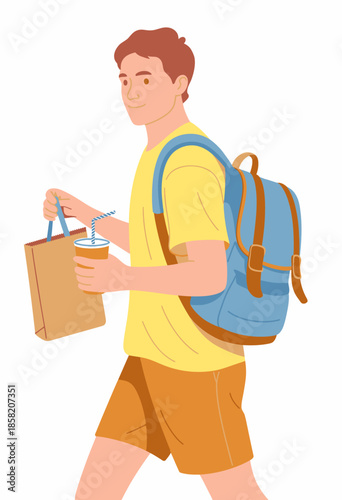 A cheerful young man with a blue backpack walks while carrying a coffee cup and a takeout bag, reflecting urban lifestyle, convenience, and enjoyment.