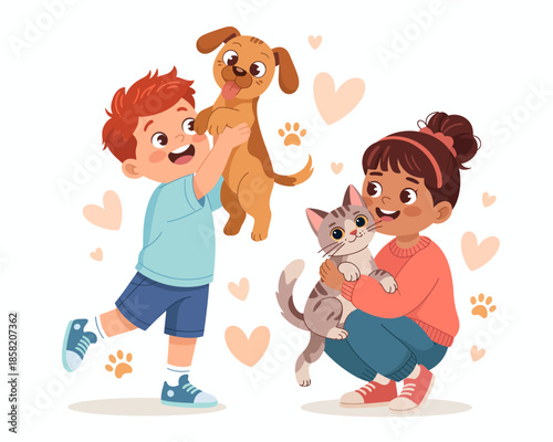 In this heartwarming scene, a boy joyfully holds a puppy while a girl cuddles a kitten, embodying love, friendship, and carefree childhood innocence in their playful interactions.