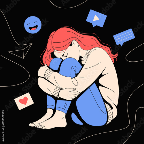 An evocative representation of a girl curled up, surrounded by symbols of digital communication, symbolizing emotional distress, social media overload, and the quest for inner peace.
