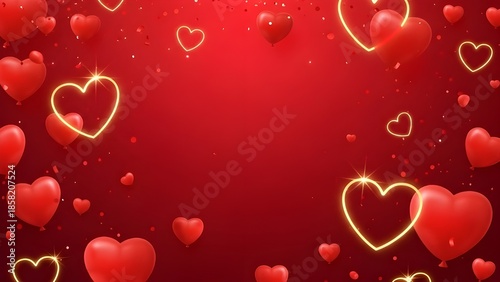Romantic red background with glowing neon hearts and realistic heart balloons for a special celebration