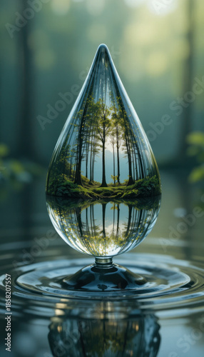 Serene forest scene is beautifully encapsulated within clear water droplet, reflecting trees and greenery, creating tranquil and harmonious atmosphere