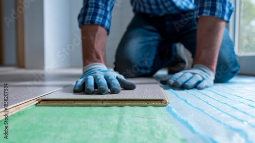 Flooring installer presses laminate plank down