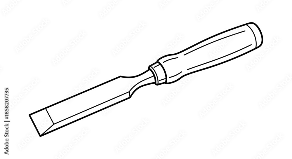 Fototapeta premium Professional wood chisel with a sharp metal blade and a comfortable wooden handle shown as a clean black and white line illustration.