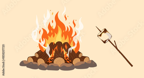 Burning campfire with orange flames over logs surrounded by rocks and a single toasted marshmallow on a wooden stick nearby.