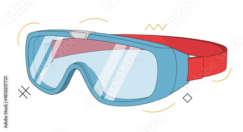 Blue and red swimming goggles with clear lenses and an adjustable strap shown in a clean flat vector illustration with accents.