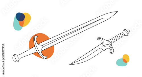 Black and white line art illustration of two medieval swords placed diagonally over abstract colored shapes on a white field.