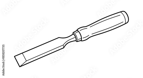 Professional wood chisel with a sharp metal blade and a comfortable wooden handle shown as a clean black and white line illustration.