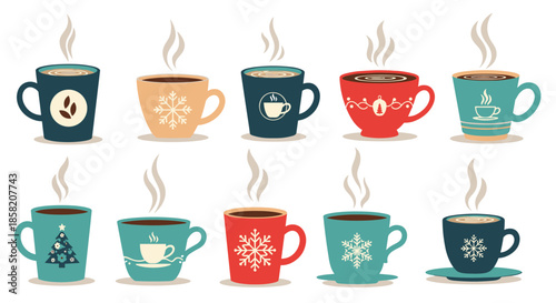 Festive collection of colorful coffee mugs decorated with winter holiday patterns like snowflakes, trees, and Christmas ornaments.