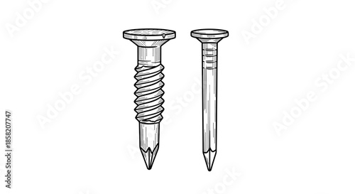 Side by side comparison of a threaded screw and a smooth pointed nail shown in a detailed black and white vintage line art style.
