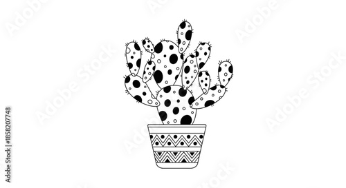 Potted prickly pear cactus with round spotted pads sitting in a decorative patterned pot in a black and white line art design.