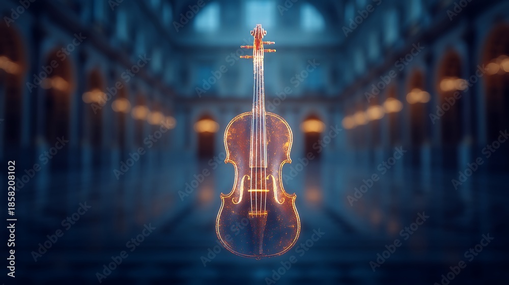 Naklejka premium A glowing violin stands in a grand, blurred architectural space, highlighting the elegance of music amidst a serene atmosphere.