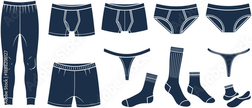 Men underwear and loungewear essentials set, briefs boxers joggers socks collection, minimalist apparel silhouettes, casual comfort clothing vector illustration